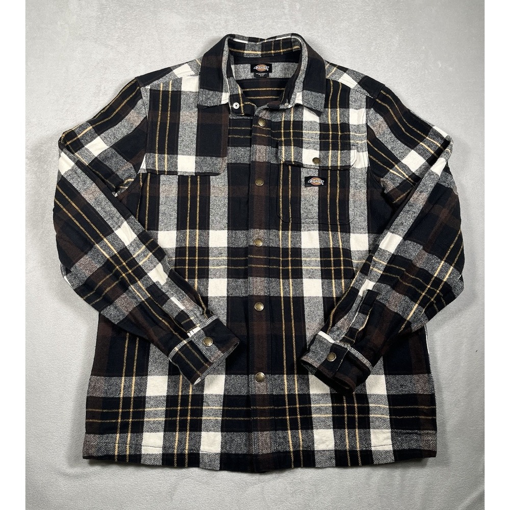 Dickies Nimmons Plaid Long Sleeve Snap Button Down Shirt Black Multi Size Medium